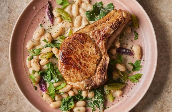 Pork chops with herby beans & Swiss chard