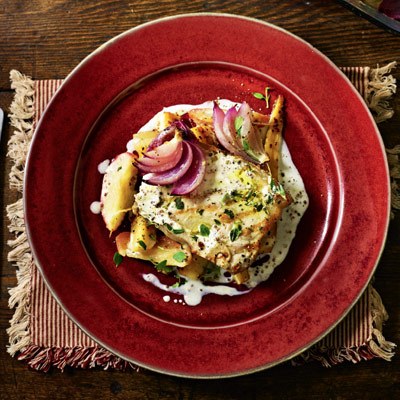 Pork chops with honey mustard parsnips