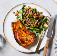 Pork chops with lentil and walnut salad