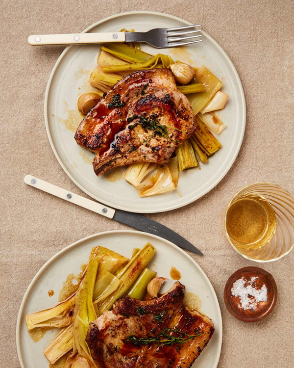 Pork chops with manzanilla-braised leeks