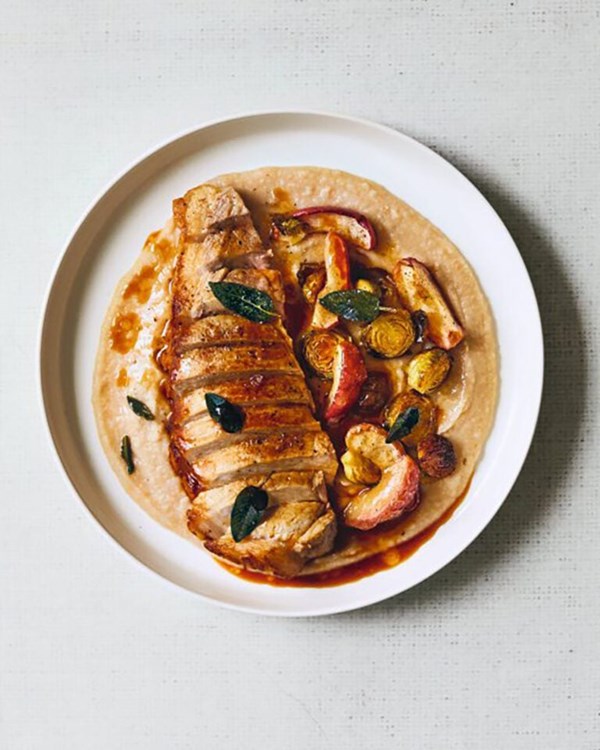 Pork chops with miso bean purée, sprouts and apples 