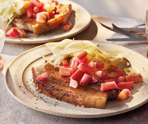 Pork chops with pickled rhubarb & shaved fennel