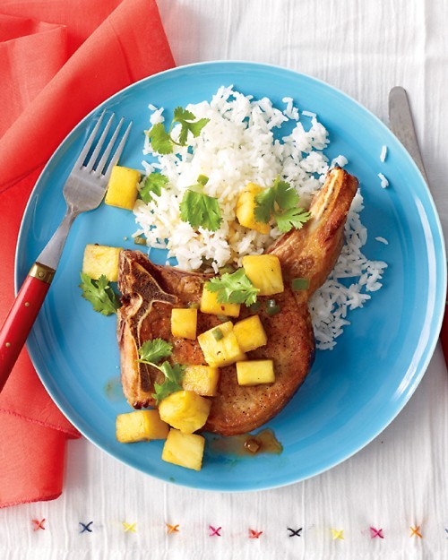 Pork chops with pineapple and rice
