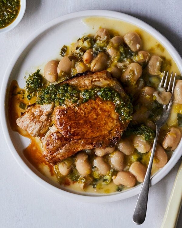 Pork chops with preserved lemon butter beans 