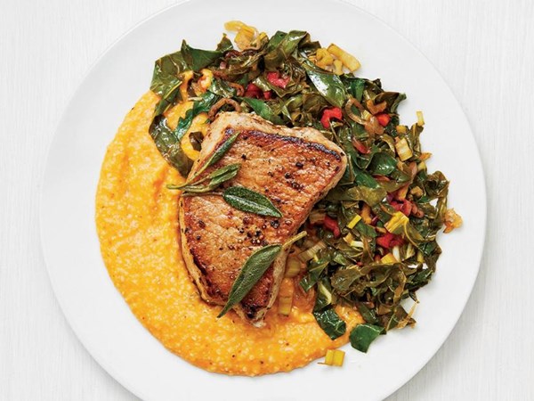 Pork chops with pumpkin grits and Swiss chard