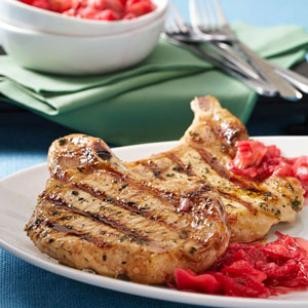 Pork chops with quick rhubarb sauce