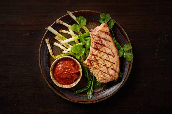 Pork chops with rhubarb and ancho chilli salsa