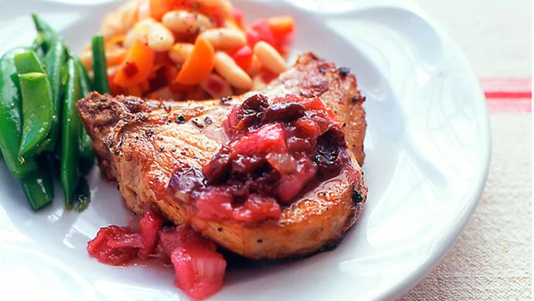 Pork chops with rhubarb-cherry sauce