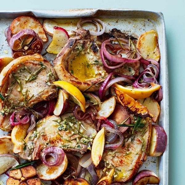 Pork chops with roast turnips, garlic and lemon