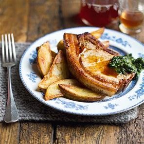 Pork chops with salsa verde and chunky wedges