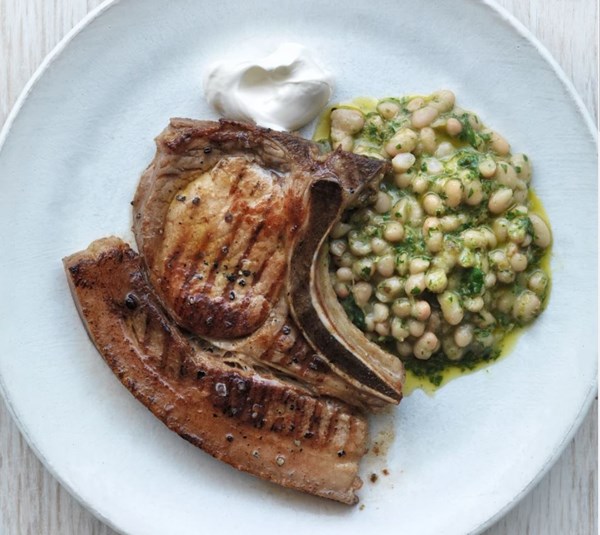 Pork chops with salsa verde and white beans