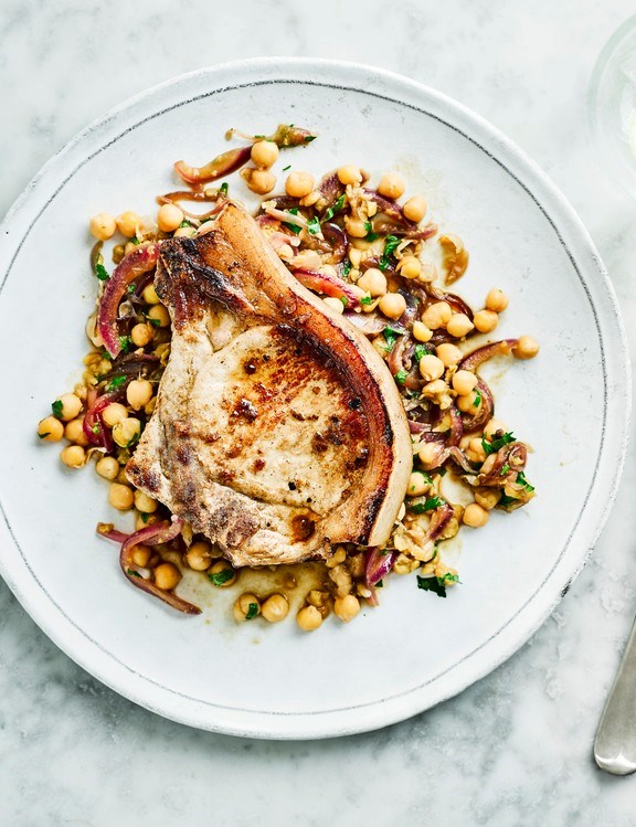 Pork chops with sweet and sour smashed chickpeas