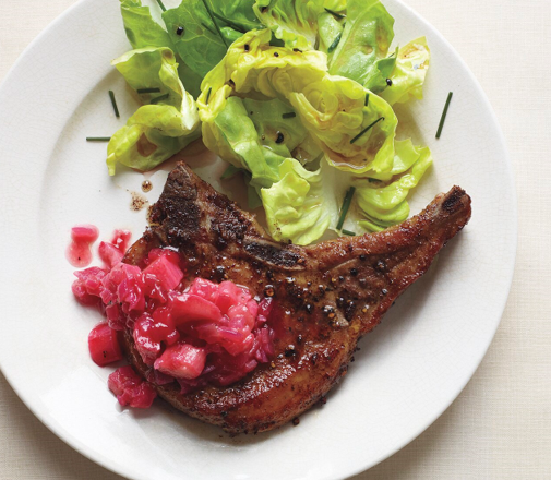 Pork chops with tangy rhubarb chutney