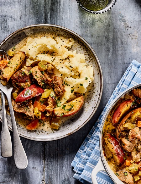 Pork, cider and apple casserole