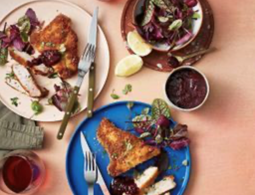 Pork cotoletta with plum, pepperberry, and ginger chutney