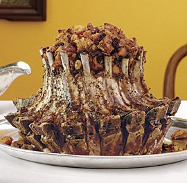 Pork crown roast with dried-fruit-sourdough stuffing and brandy cream sauce