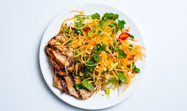 Pork cutlets with cantaloupe salad