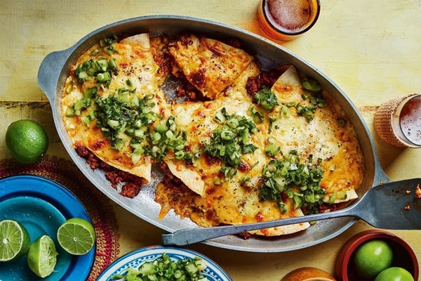 Pork enchiladas with chipotle chilli con queso