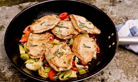 Pork escalope with peppers and pak choi