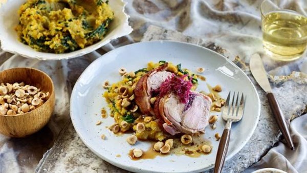Pork fillet with bacon, sauerkraut & hazelnuts