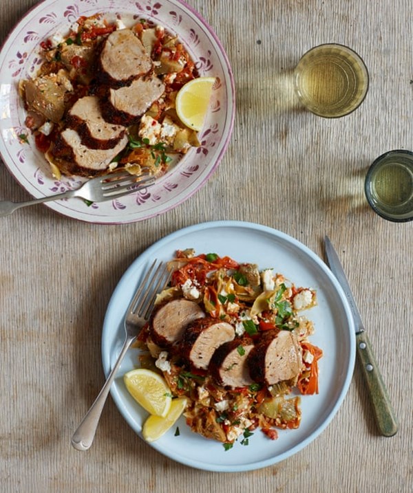Pork fillet with feta, artichoke and fenugreek