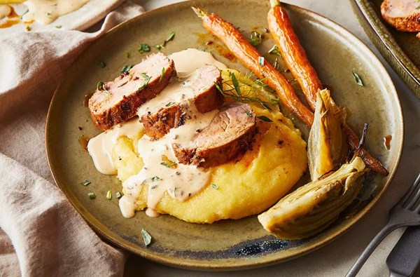 Pork fillet with tarragon cream sauce & polenta