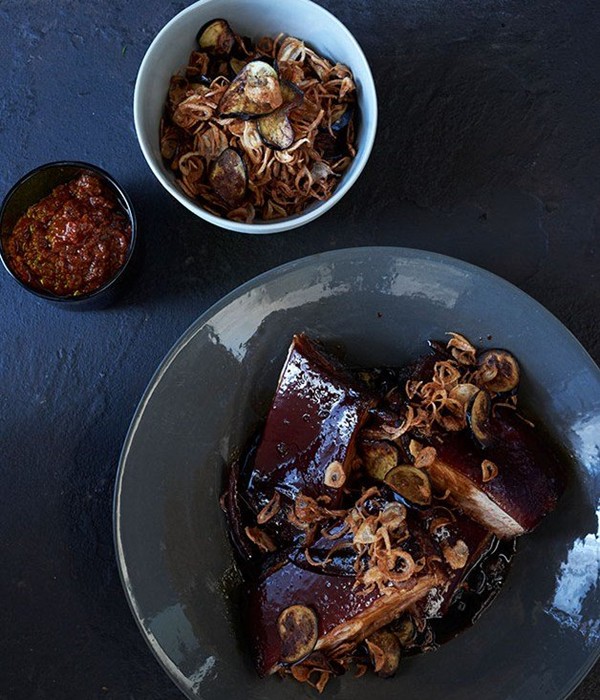 Pork in sweet soy with sambal, fried shallots and eggplant