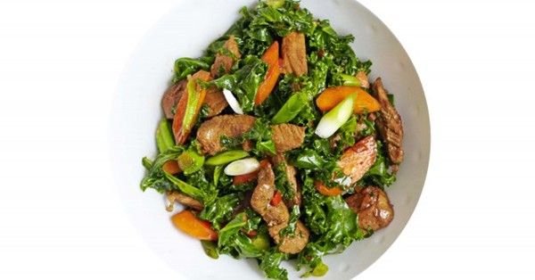Pork, kale and spring onion stir-fry