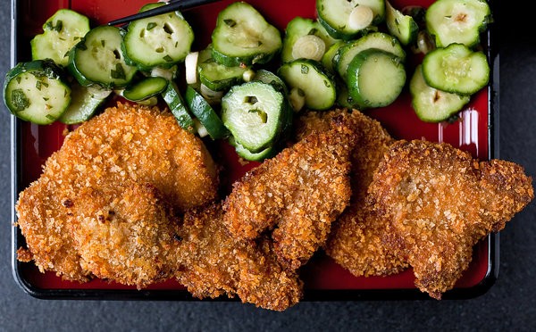Pork katsu with pickled cucumbers and shiso