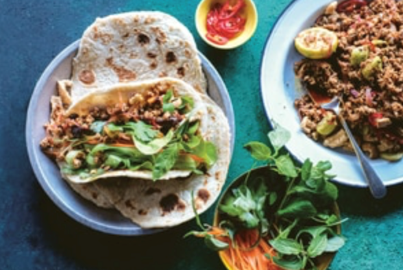 Pork larb in roti