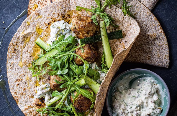 Pork, lemon & rosemary meatball wraps with walnut yogurt dressing 