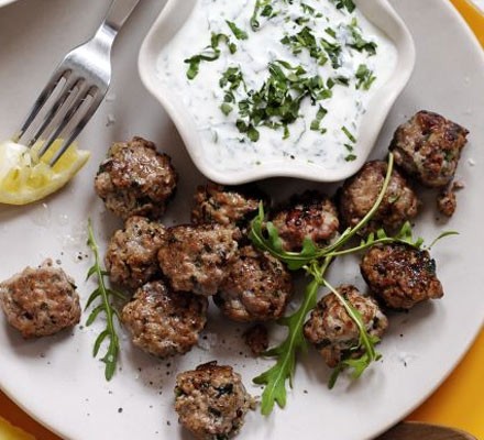 Pork, lemon and herb meatballs with orzo salad
