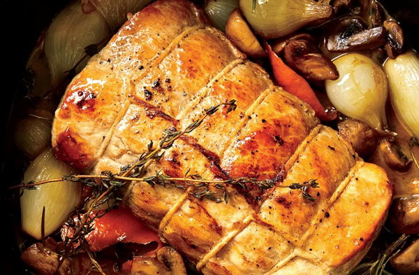 Pork loin braised with mushrooms and wine