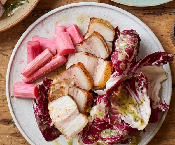 Pork loin, rhubarb, bitter leaves