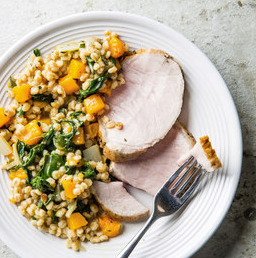 Pork loin roast with barley, butternut squash, and Swiss chard
