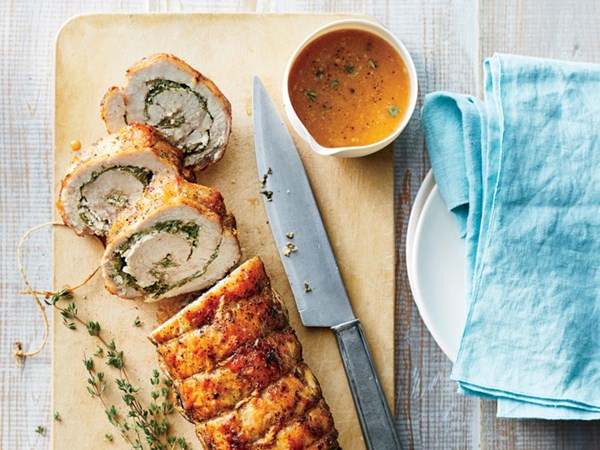 Pork loin stuffed with spinach and goat cheese