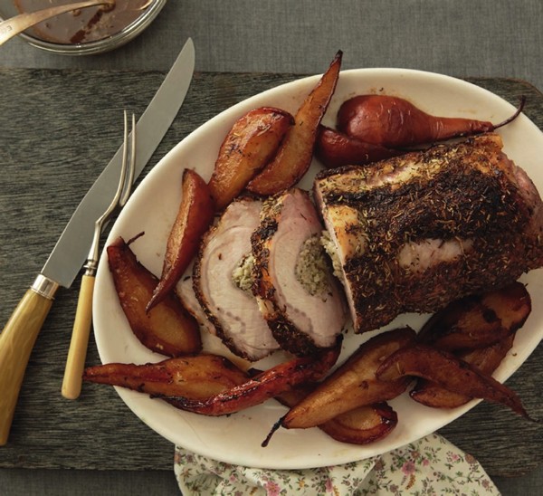 Pork loin with a blue cheese stuffing and roasted pears