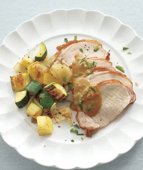 Pork loin with mustard sauce and sautéed squash
