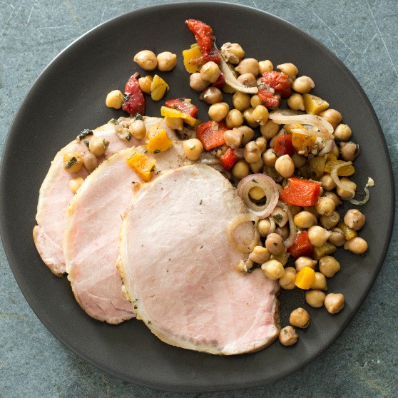 Pork loin with warm spiced chickpea salad