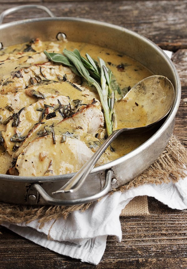 Pork loin with wine and herb gravy