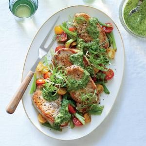 Pork medallions with scallions and magic green sauce