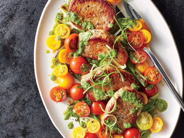 Pork medallions with scallions and magic green sauce