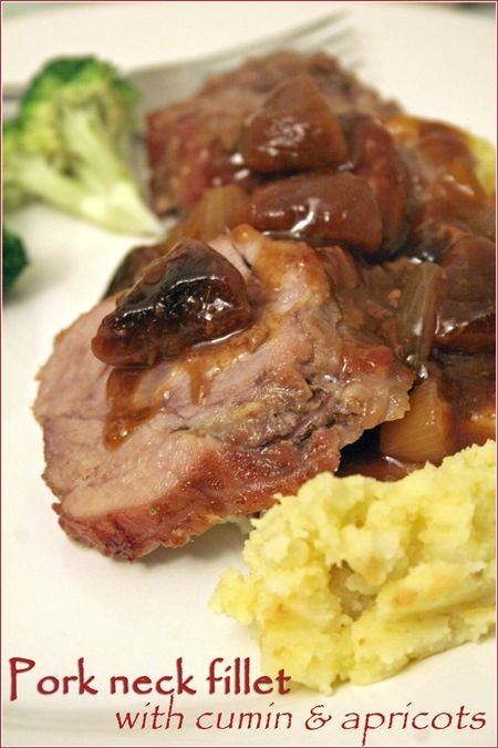 Pork neck fillet roast with cumin and apricots