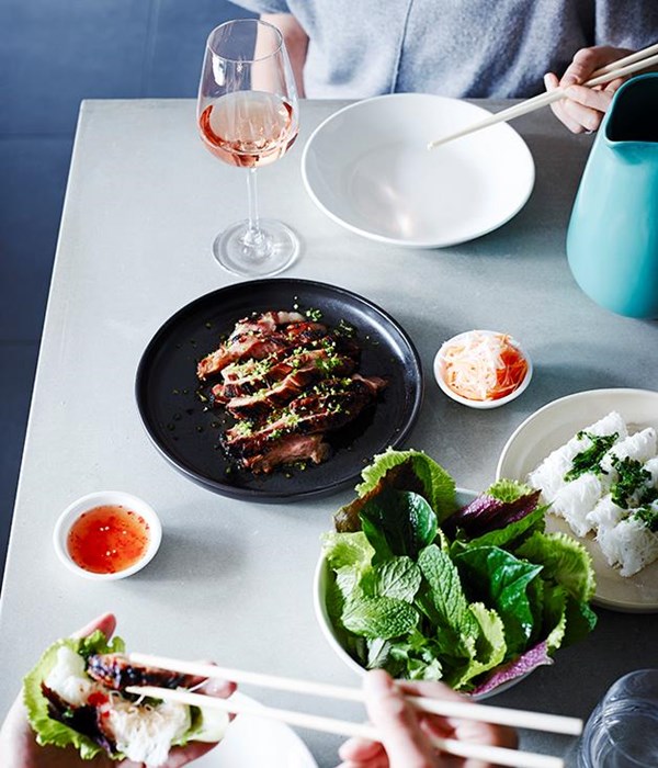 Pork neck with herbs and banh hoi noodles
