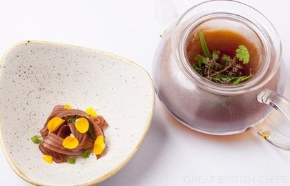 Pork ‘noodles’, piggy tea, mustards, kombu and shony