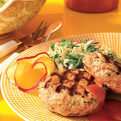 Pork patties with plum sauce and napa cabbage slaw