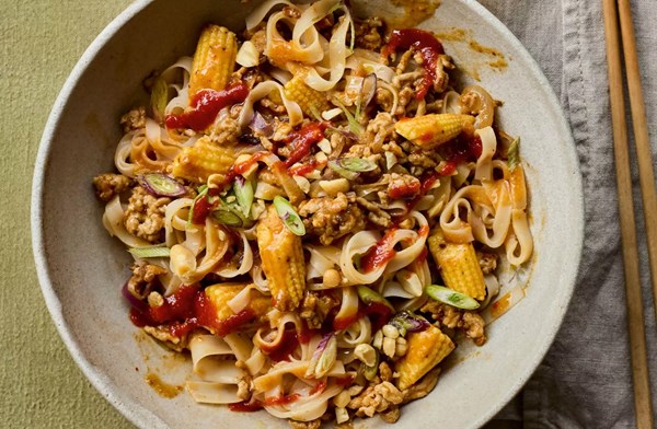 Pork, peanut & baby corn noodles