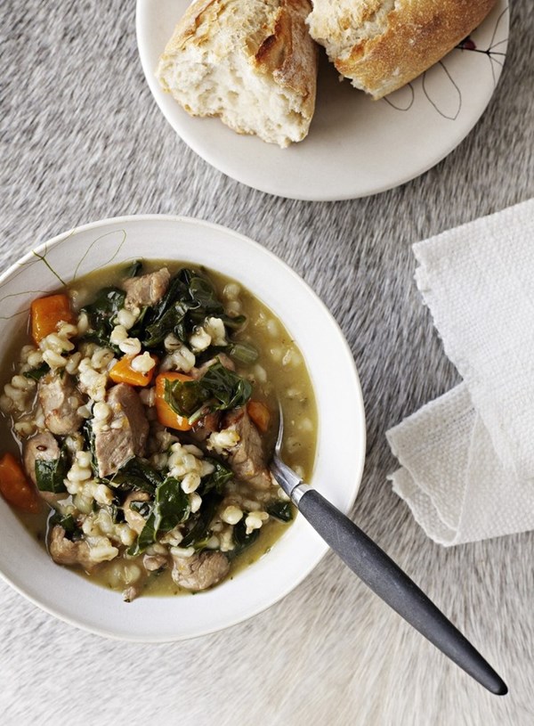 Pork, pearl barley and silverbeet soup