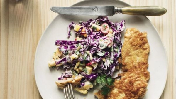 Pork piccata with pineapple slaw