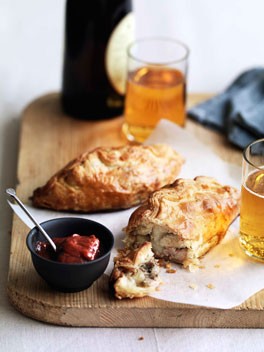 Pork, potato and rosemary pasties with rhubarb chutney